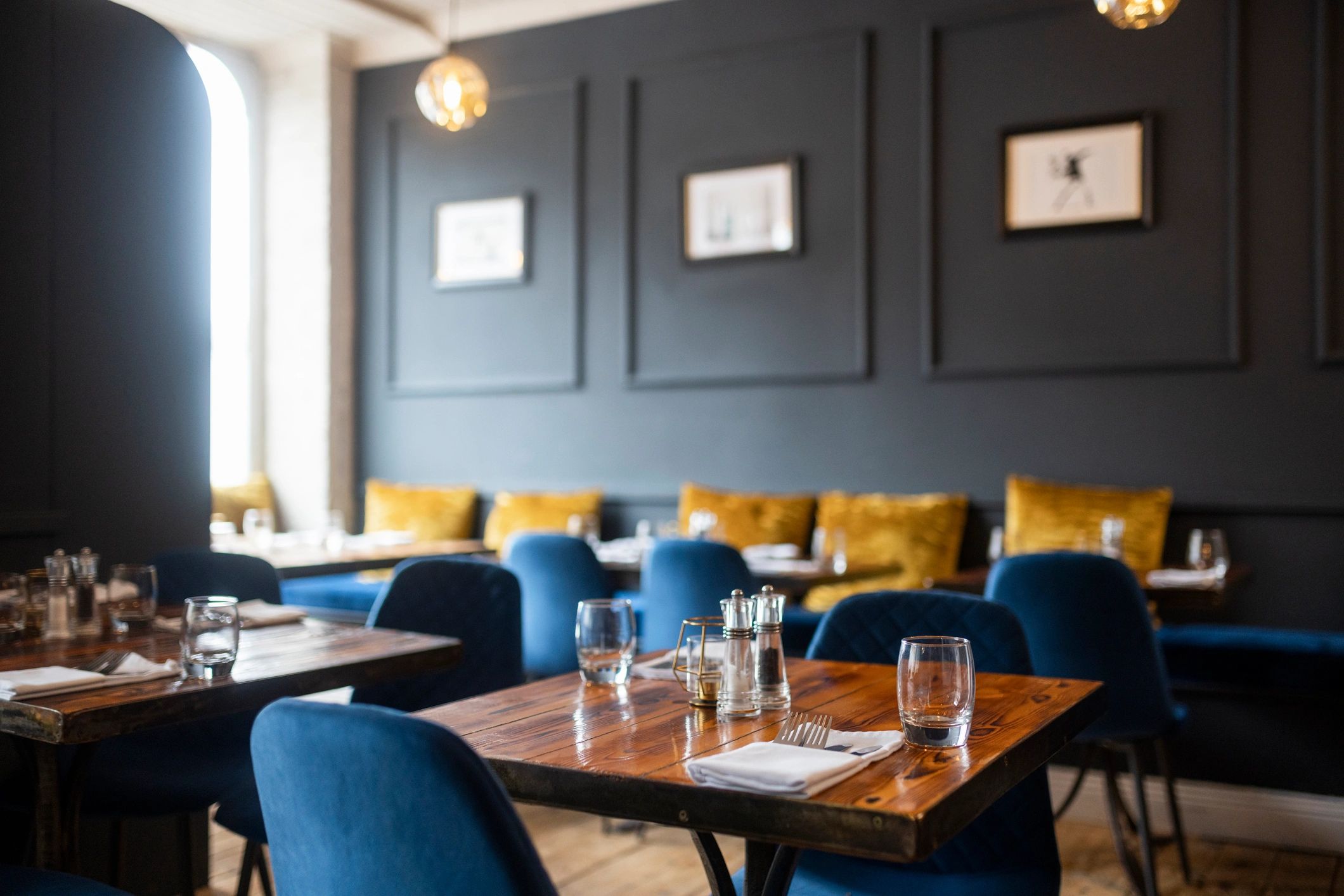 Restaurant dining area with upholstered seating